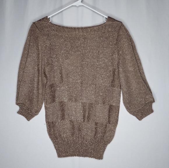 Vintage Sweaters - KnitMakers Vtg‎ Half Sleeve Sweater Small Square Neck Block Plaid Textured 60s